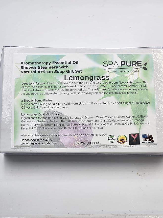 Spa Pure Aromatherapy Gift Set: Lemongrass Artisan soap, 4 Shower Steamers, made with plant based ingredients, essential oils, all natural (Lemongrass)
