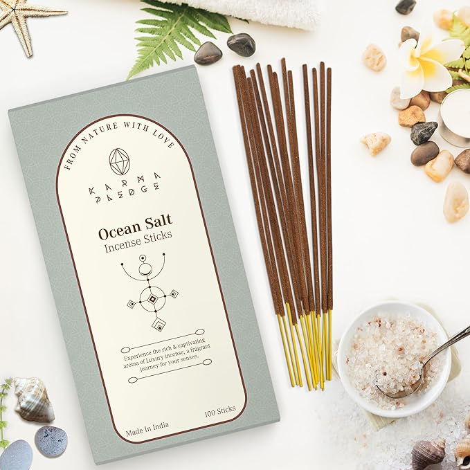 Ocean Salt Incense Sticks, Organic Hand Dipped 100 Sticks with Natural Herbs & Aromatic Ingredients, Burn Time 45 to 60 Minutes, Incense for Positivity, Yoga, Meditation, Relaxation, Spiritual Gift