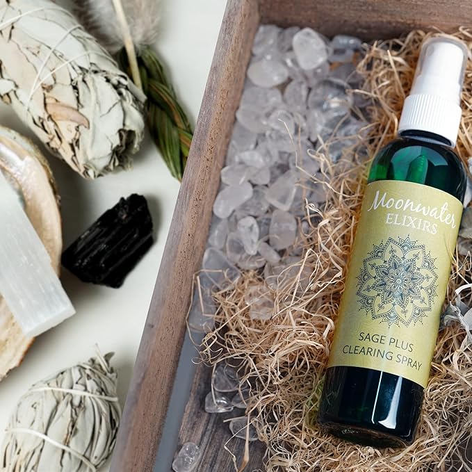 White Sage Smudge Spray for Spiritual Cleansing & Aura Protection, Sage Mist for Cleansing Negative Energy & Protection, Home & Meditation, Clear Quartz Reiki Energized Aromatherapy Room Spray - 4oz