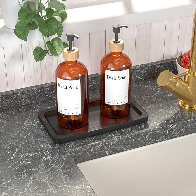 Black Bathroom Tray - Small Black Bamboo Wood Tray Decor for Vanity, Coffee Table, Cologne and Perfume Tray, Matte Black Bathroom Decor for Counter, Soap Dish, 9 inch