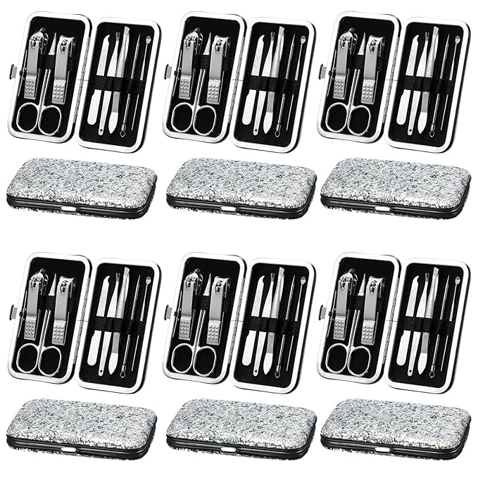 Geosar 12 Set 8 in 1 Manicure Set Stainless Steel Nail Clippers Kit Pedicure Care Tools with Leather Case Travel Grooming Kit Gift for Women Men(Glitter Silver)