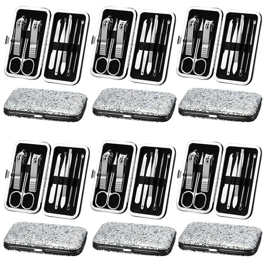 Geosar 12 Set 8 in 1 Manicure Set Stainless Steel Nail Clippers Kit Pedicure Care Tools with Leather Case Travel Grooming Kit Gift for Women Men(Glitter Silver)