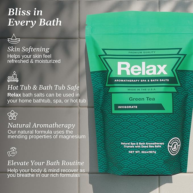 Relax Spa & Bath, Epsom & Dead Sea Salts, Aromatherapy Bath Soak for Hot Tub, Bath or Spa, Green Tea Scent