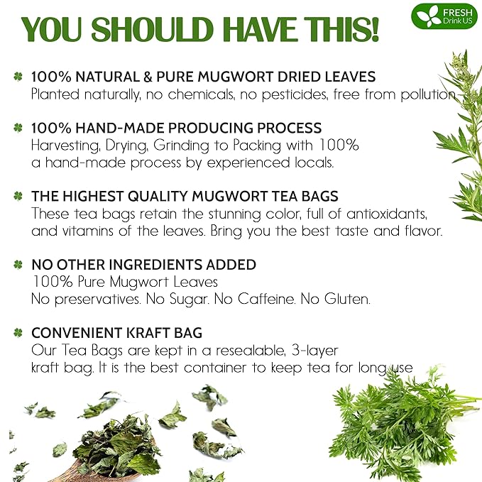 FRESHDRINKUS Premium Mugwort Tea Bags - 120 Count, 100% Natural Pure Leaves, Loose Leaf Herbal Tea, No Sugar, No Caffeine, No Gluten, Vegan