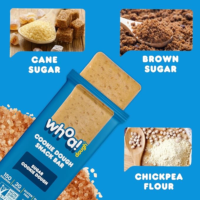 Whoa Dough Edible Cookie Dough Bars- Certified Non-GMO, Kosher and Gluten Free Bars - Healthy Snack Foods - Plant Based Snacks Made With Real Ingredients - Sugar Cookie Dough - 10 Pack