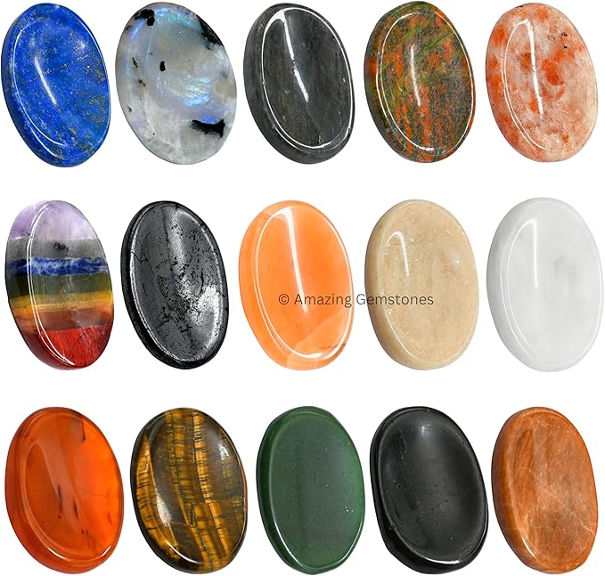 Amazing Gemstone Pack of 11 Worry Stones Bulk Set - Premium Wholesale Bulk Crystals Healing Stones for Anxiety, Stress, Calm Stripe Meditation