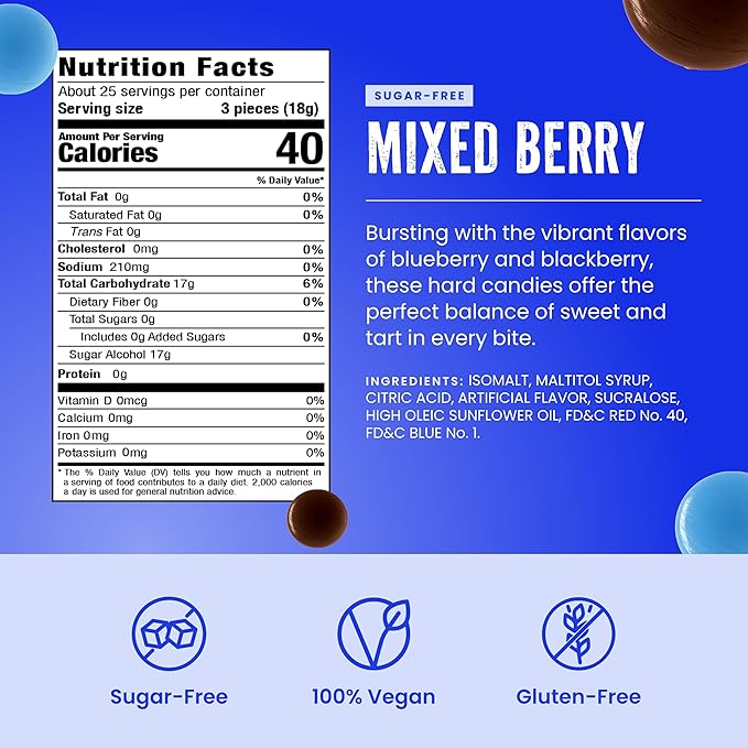 Cambie Sugar Free Mixed Berry Hard Candy - 1 Pound of Individually Wrapped Sugar Free Hard Candy, Berry Burst with Blueberry & Blackberry Flavor, Keto & Diabetic Friendly