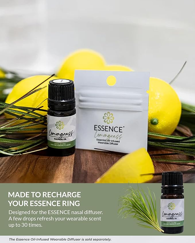 Essence Lemongrass Essential Oil – Pure & Therapeutic Grade – Perfect for Aromatherapy, Diffusers & Recharging Essence Nasal Diffuser Rings – Natural Stress & Mood Support (5mL)