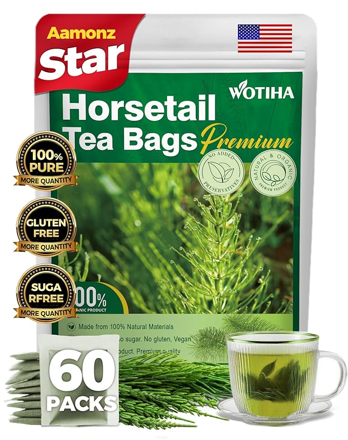 WOTIHA-Natural Horsetail tea 90g. 60 Herbal Tea Bags.100% Wild Natural Horse Tail Herb Helps Promote Hair Growth .Non-GMO • Additive-Free • Caffeine-Free • Sugar-Free • Vegan