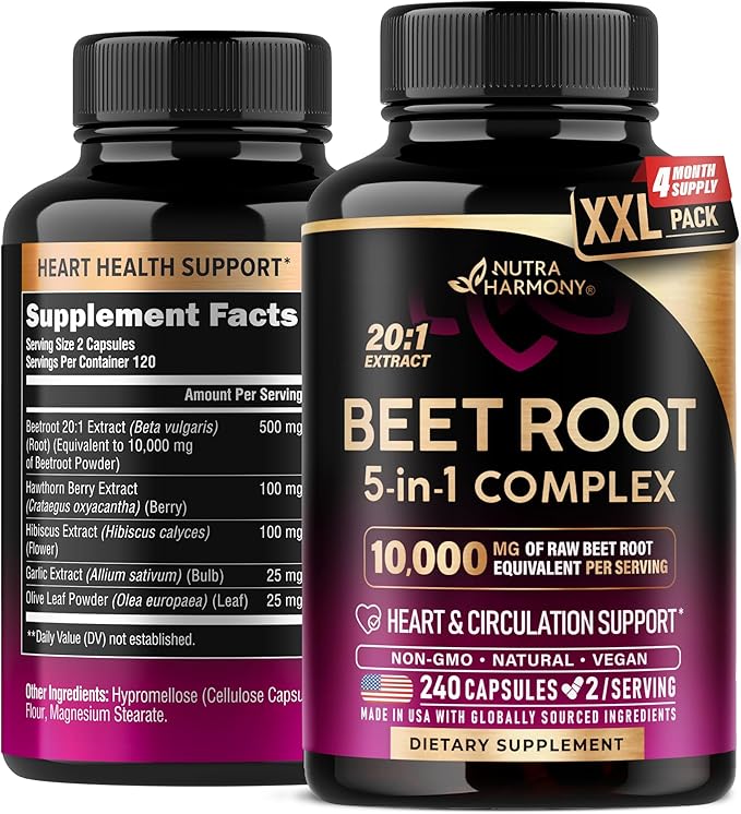 Beet Root Capsules - Healthy Blood Pressure Support Supplement** for Heart & Circulation Support - with Hawthorn Berry, Hibiscus & Garlic - Nitric Oxide for Energy - Made in USA, 240 Capsules