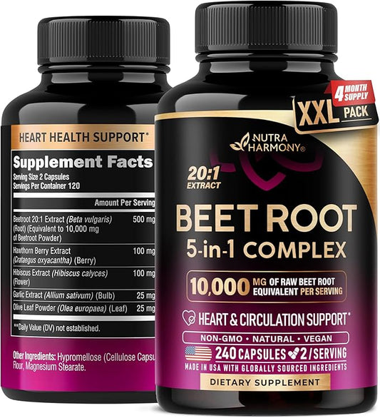 Beet Root Capsules - Healthy Blood Pressure Support Supplement** for Heart & Circulation Support - with Hawthorn Berry, Hibiscus & Garlic - Nitric Oxide for Energy - Made in USA, 240 Capsules