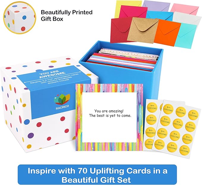 70 Inspirational Cards with Envelopes & Stickers – 3.5x3.5 Positive Affirmation Notes in Gift Box – Encouragement, Gratitude, Motivation.
