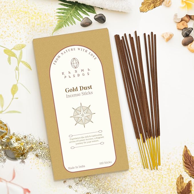 Gold Dust Incense Sticks, Organic Hand Dipped 100 Sticks with Natural Herbs & Aromatic Ingredients, Burn Time 45 to 60 Minutes, Incense for Positivity, Yoga, Meditation, Relaxation, Spiritual Gift