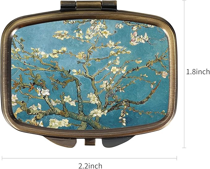 Dynippy Pill Case Pill Box with Mirror Retro Pocket 2 Compartment Medicine Case Vitamin Pill Organizer for Pocket Purse and Travel (A-Plum Blossom)