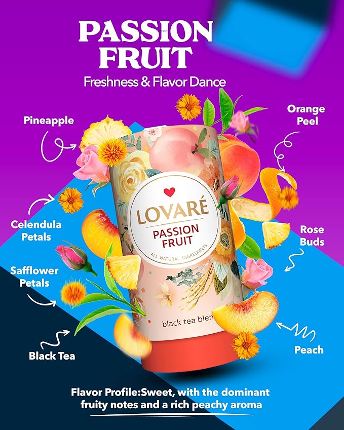 LOVARE Passion Fruit Loose Leaf Tea 80 g - Made in Ukraine - Black Tea, Orange Peel, Rosebuds, Calendula Petals, Safflower Petals, Pineapple, Peach with 15 Paper Filters