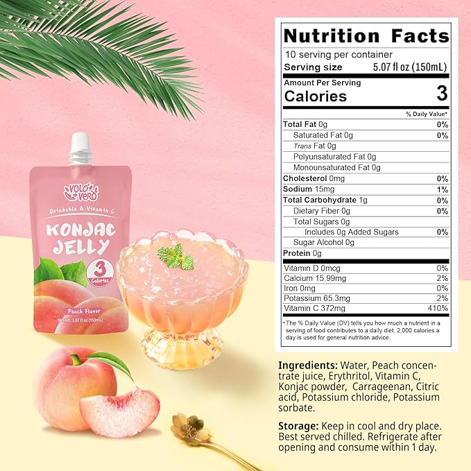 VOLO VERO Konjac Jelly Squeeze Pouch Peach Flavor, Low Calories (3 Kcal), 10 Packs, Gluten Free & Vegan, 0 Sugar, Keto, Low Carb, Drinkable Vitamin C Healthy Fruit Snacks, Holiday Gifts
