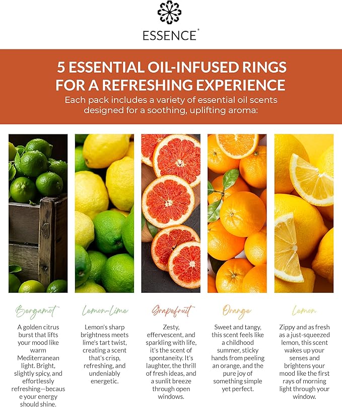 Essence Nasal Diffuser Citrus Bundle – Essential Oil Silicone Nose Rings for Mood, Energy & Positivity – Wearable Aromatherapy Pack with Lemon, Orange, Grapefruit & Bergamot