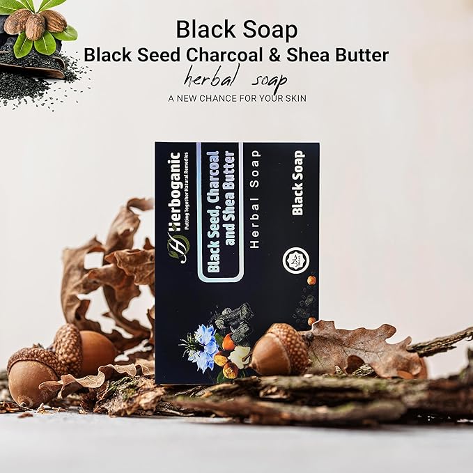 HERBOGANIC Black seed Charcoal and Shea butter Herbal Soap | Pack of 6 of 5oz soap Bar | Ideal for Men and Women, Soothing and Nourishing Soap for Moisturization