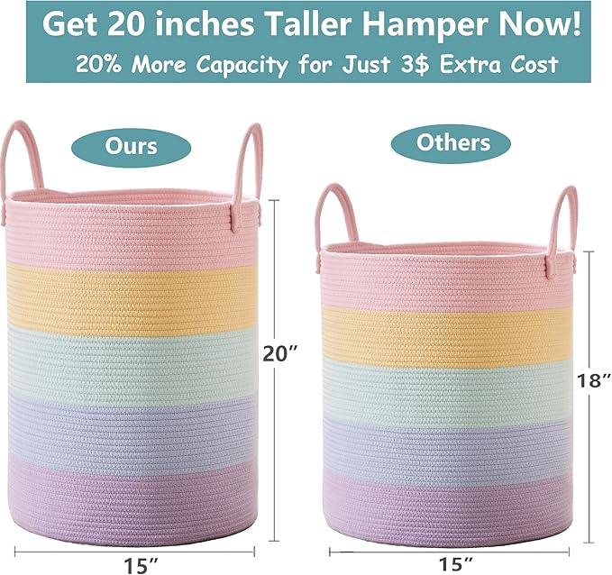 62L Hamper Laundry Basket for Baby Girls Kids Rainbow Nursery Hamper for Clothes Pastel Unicorn Woven Rope Blanket Basket for Toy in Playroom Bedroom Large