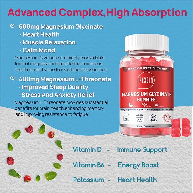 Magnesium Glycinate Gummies for Adults & Kids, 1000mg High Absorption Magnesium Complex Supplement, Sugar Free with Potassium,Vitamins for Calm, Sleep Supprt, Stress Relief, 180 Counts, Strawberry
