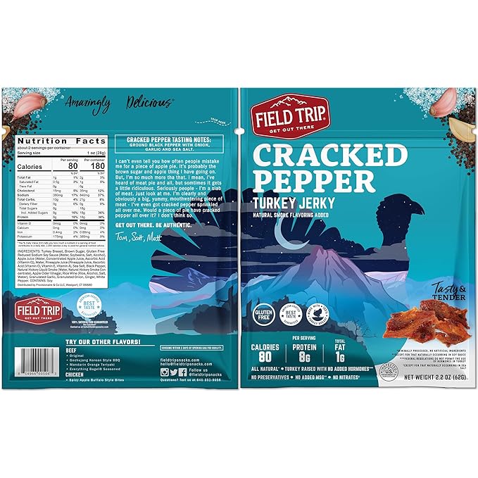 Field Trip Turkey Jerky, Gluten Free, Low Carb, Healthy High Protein Snacks, No Nitrates, All Natural Ingredients, Cracked Pepper, 2.2oz Bags, 4 Pack