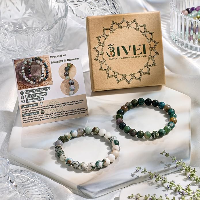 Bivei Natural Gemstone Semi Precious Healing Crystals Handmade Stretchy Round Beads Bracelet, Enhance Positive Energy