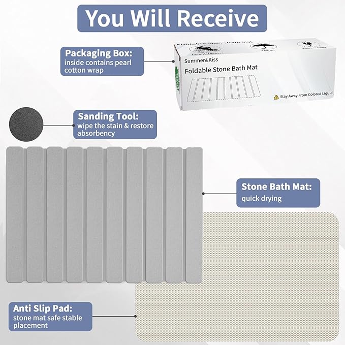 Foldable Stone Bath Mat, Quick Dry Stone Drying Mats for Bathroom, Super Absorbent Rollable Bath Mat, Non Slip, Large Diatomaceous Earth Dish Drying Mats for Kitchen Counter, 23.5 x 15.4in