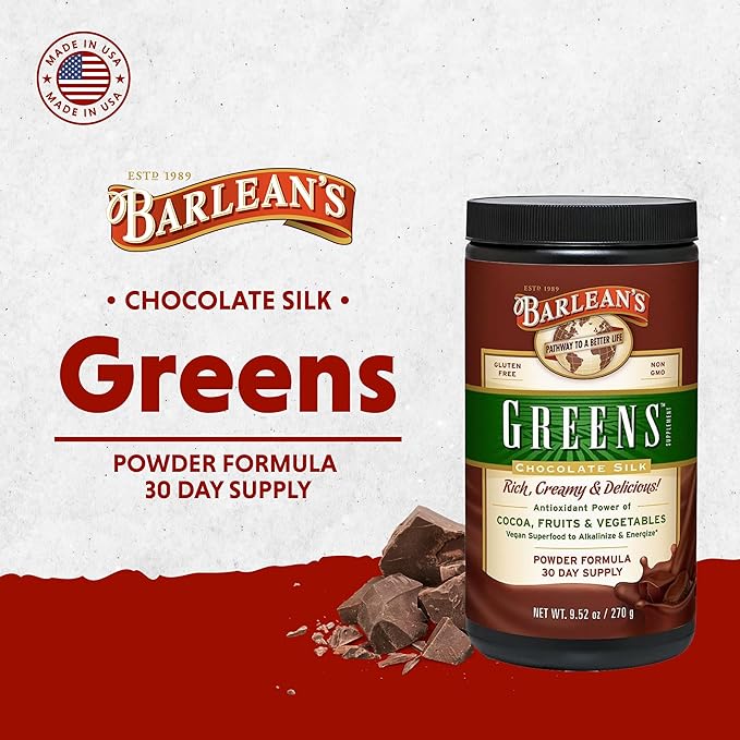 Barlean's Chocolate Greens Powder, Daily Fruit and Vegetable Superfood Supplement, Green Antioxidant Blend and Fiber Smoothie Drink Mix, 9.52 oz