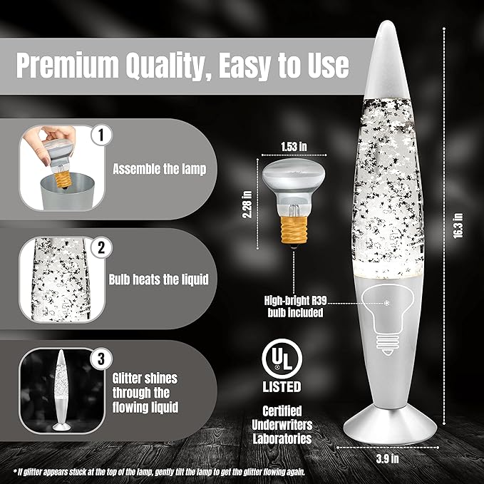 Jambo 16-Inch Silver Star Glitter Lamp I Beautiful Liquid Lamp I Entertaining for Adults and Kids I Perfect Holiday Gift