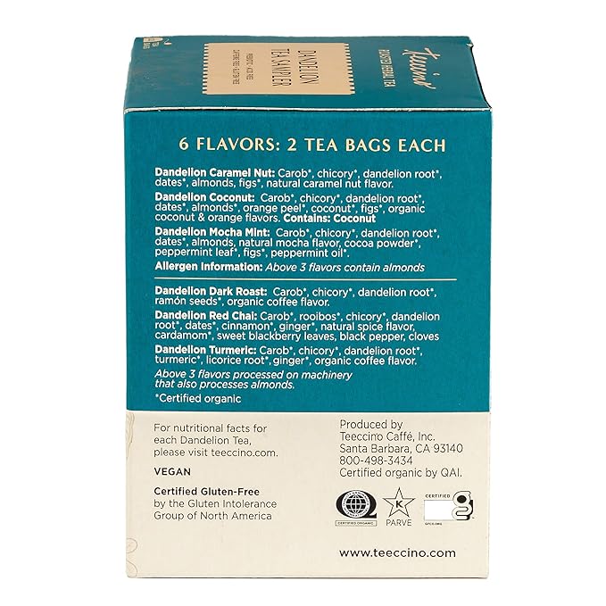 Teeccino Dandelion Tea Sampler - Caramel Nut, Coconut, Dark Roast, Mocha Mint, Red Chai, Turmeric - Roasted Herbal Tea, Caffeine Free & Prebiotic with Detoxifying Dandelion - 12 Tea Bags