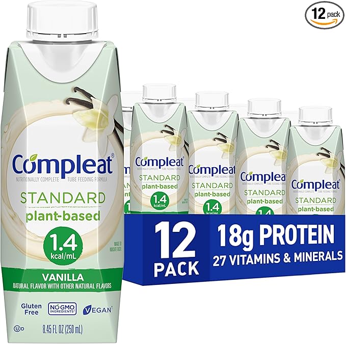 Compleat Standard 1.4 Plant-Based Vanilla Nutrition Shake - 18g Protein, 29 Vitamins & Minerals - Vegan Tube Feeding Formula - 8.45 Fl Oz (Pack of 12)