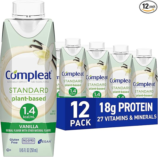 Compleat Standard 1.4 Plant-Based Vanilla Nutrition Shake - 18g Protein, 29 Vitamins & Minerals - Vegan Tube Feeding Formula - 8.45 Fl Oz (Pack of 12)