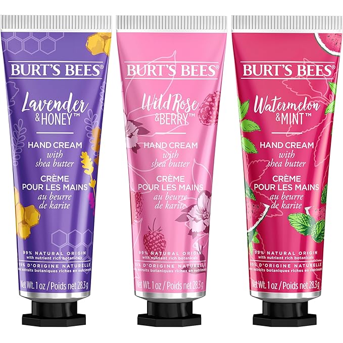 Burt's Bees Christmas Gifts, 3 Body Skincare Stocking Stuffers, Shea Butter Hand Cream Trio Set - Lavender Honey, Watermelon Mint & Wild Rose Berry (3-Pack)
