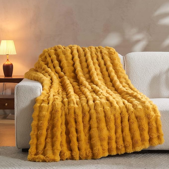 Lotus Karen Faux Fur Throw Blanket Ginger Yellow - Big Bubble Rabbit Fluff Blanket for Couch Bed Sofa,Softest Fluffy Fuzzy Cozy Blanket,Thick Furry Plush Shaggy Warm Blankets for Women,50x60 Inches