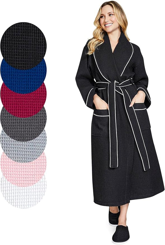 Lotus Linen Waffle Robes for Women - Lightweight Cotton Kimono Bathrobe - Long Soft Spa Bath Robe