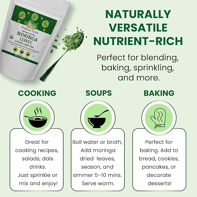 Organic Veda Moringa Tea Leaves - 100% Organic Dried Leaves - Moringa Oleifera Loose Leaf for Herbal Tea - Antioxidants Rich, Naturally Boosts Energy, Supports Digestion & Immune System - 7oz
