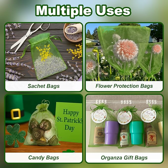 50 PCS 6x9 Inch Olive Green Organza Bags, Mesh Bags Drawstring Small Fruit Protection Bag for Christmas Gift, Party Favors, Wedding, St. Patrick's Day