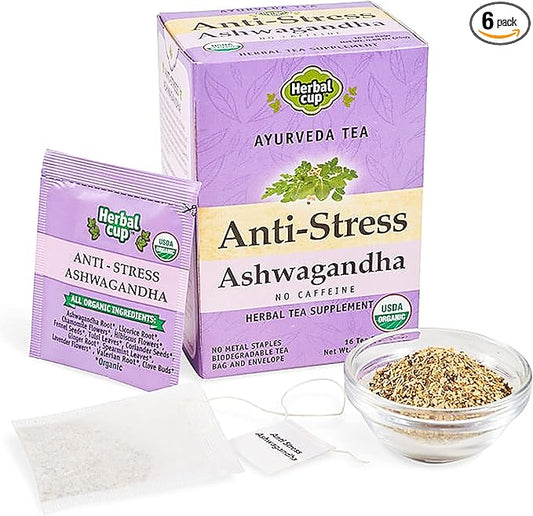 Herbal Cup Ayurveda Ashwagandha Tea, Organic Anti-Stress, No Caffeine Herbal Supplement (16 Count, Pack of 6)