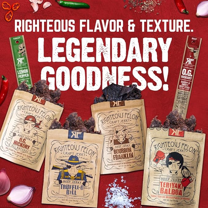 Righteous Felon Savory Beef Jerky Variety Gift Pack - Great Gifts for Men | Gluten Free, High Protein Healthy Snack | Bulk Beef, Pork, & Turkey Jerky Variety Snack Packs | The Savory 6 Pack Sampler