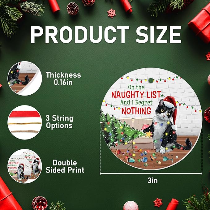 34HD 2.9"" Lightweight Ceramic Ornament for Christmas Tree, Both Sides Printed Flat Hanging Ornament, Gifts for Christmas, Christmas Decoration - Black Cat Funny