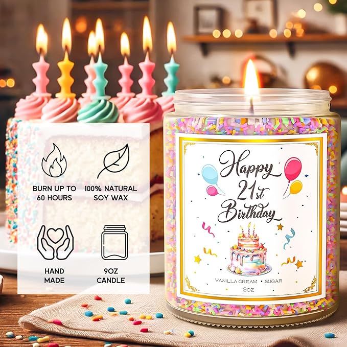 21st Birthday Candles Gifts for Women- 9 oz Happy Birthday Candle with Vanilla Birthday Cake Scent, Gifts for Women & Men, Friendship Ideas