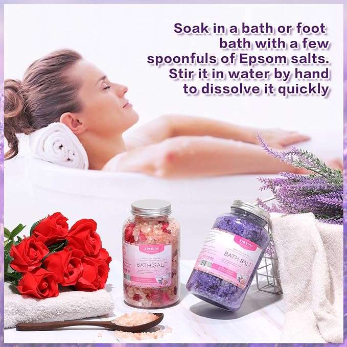 Bath Salts kit Himalayan Pink Salt -46 oz, Pack of 2 Natural Epsom Salt Rose, and Lavender- Essential Oils Relaxes and Better Sleep Foot Soak Tea Tree Oil Soaking & Bathing