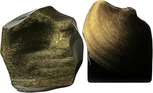 Amazing Gemstone Golden Sheen Obsidian Raw Crystals and Healing Stones, Natural Rocks for Tumbling - DIY Raw Stones and Crystals, 2 Pieces