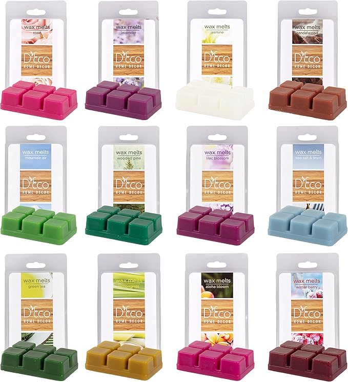 D'Eco Floral Scented Wax Melts - 12 Count Variety Pack Home Fragrances - Long Lasting Scented Wax Tarts for Warmers - Rose, Pine, Winter Berry, Lavender, Jasmine, Sea Salt Linen, Lilac & Nature Scents