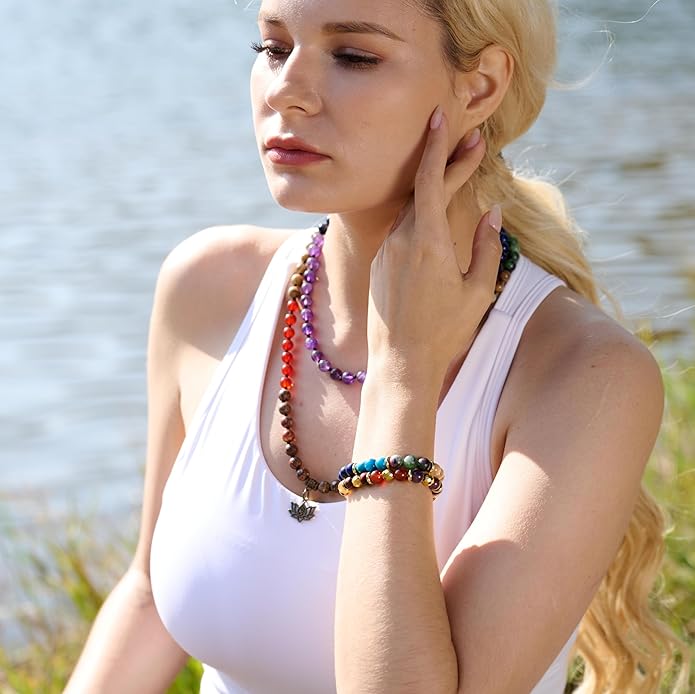 Bivei Natural Gemstone Semi Precious Healing Crystals Handmade Stretchy Round Beads Bracelet, Enhance Positive Energy