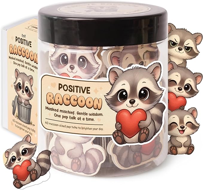 Positive Raccoon Jar – 60 Positive Affirmation Cards for Women, Mindfulness Cards, Stress Relief & Self Care Gifts for Women, Teen Girl, Birthday Gift for Her, Friendship Gift, Raccoon Gifts