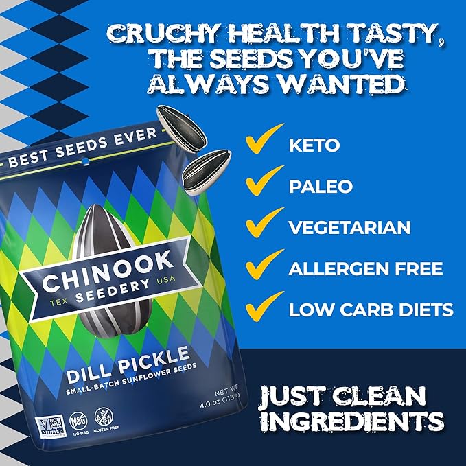 Chinook Seedery Roasted Sunflower Seeds - Jumbo Seeds Keto Snacks - Best For Snack Packs - Gluten Free, Non GMO Snack Food Gifts - 4 Ounce (Pack of 3) - Dill Pickle Flavor Pack