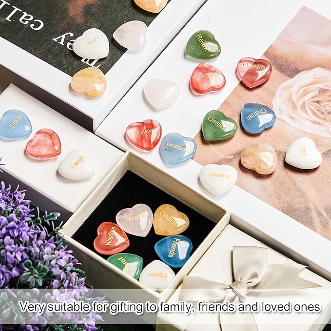 Fabbay 30 Pcs Heart Inspirational Stones, Heart Stones with 30 Different Words, Engraved Worry Rocks Bulk As Meditation Decorations, Party Gifts for Encouragement Friends Family (0.8 Inch)
