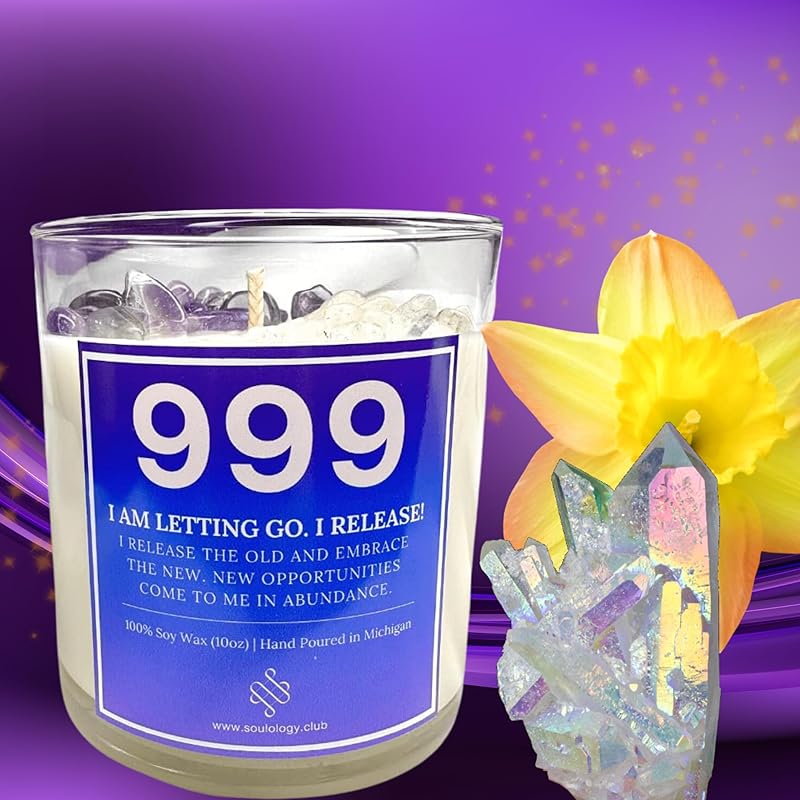 999 Angel Number Candle, 10oz, Crystal candle, 100% Soy Wax & Phthalate-Free Fragrance candles, Gifts candles for women, Angel Number Gift, Healing Candle