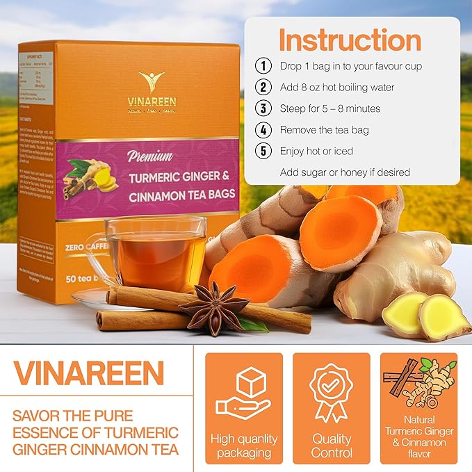 VINAREEN 50 Premium Tea Bags, Special Blend of Turmeric Ginger Cinnamon Tea,100% Natural Turmeric Ginger Herbal Tea, Te De Jengibre Y Curcuma Canela, Caffeine Free, Gluten Free, Sugar Free, Vegan.